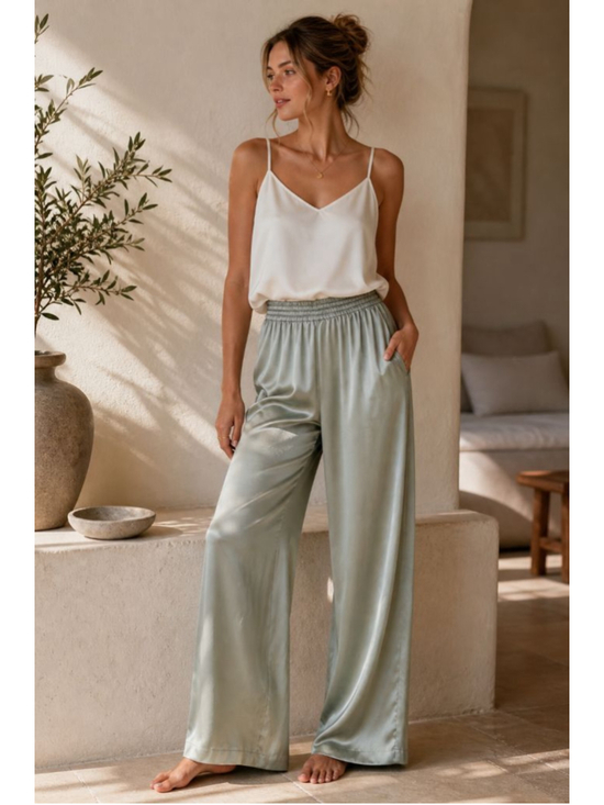 Tesori Pants - Tesori 100% Silk Wide Leg Pants Sage Green Elastic Waist Minimalist Lounge S